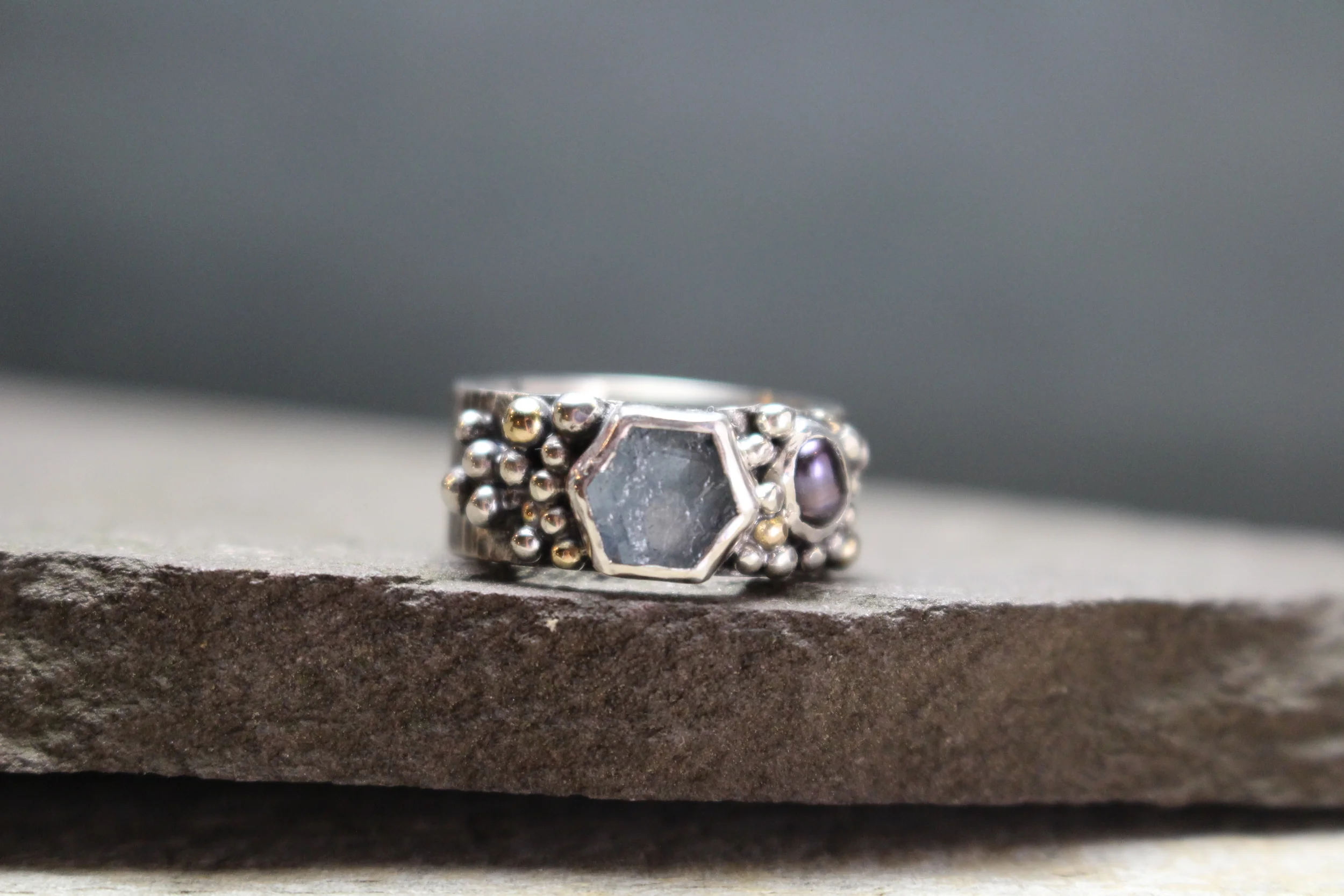 Aquamarine Rose Gold Accents in Textured Sterling 