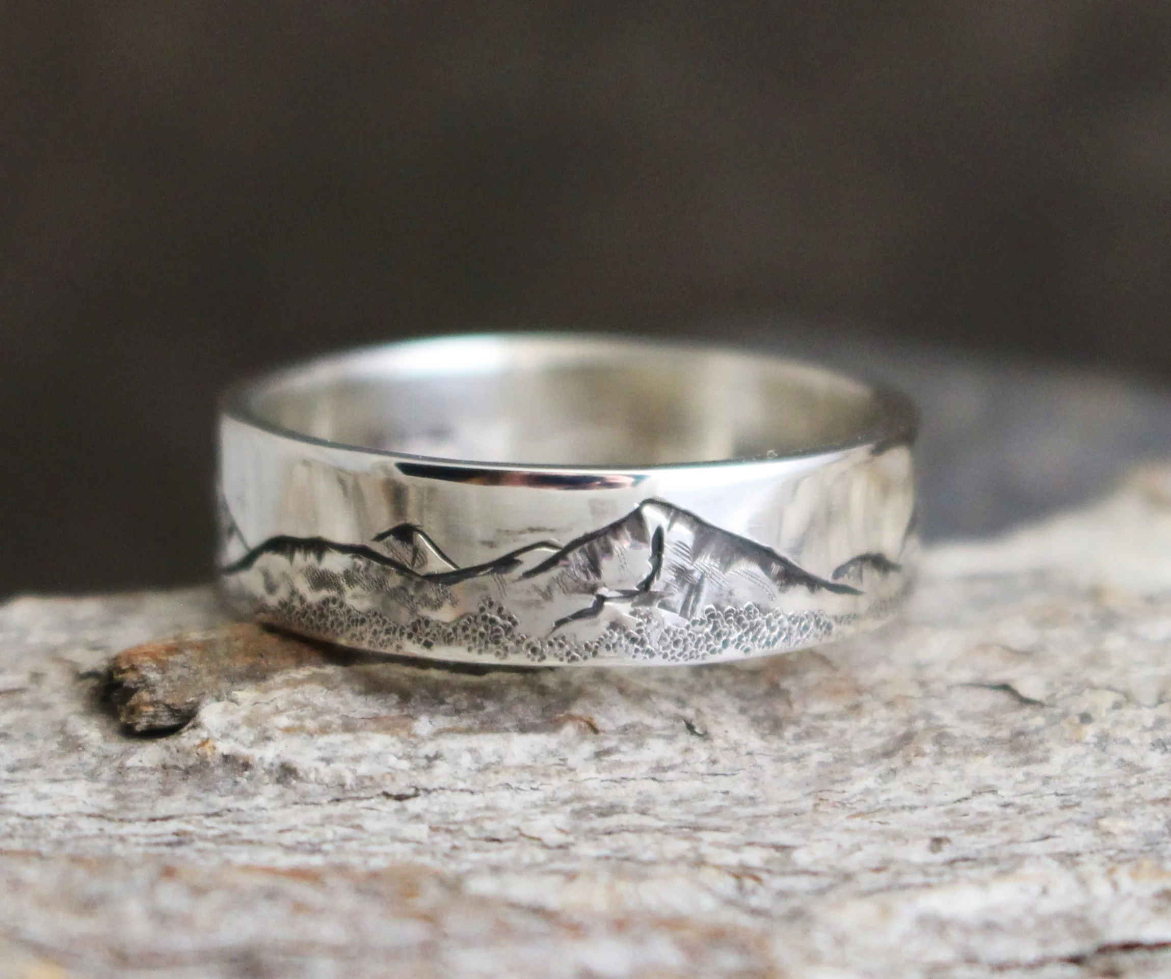 Hand-Engraved Mount Olympus Mountain Range Sterling Ring
