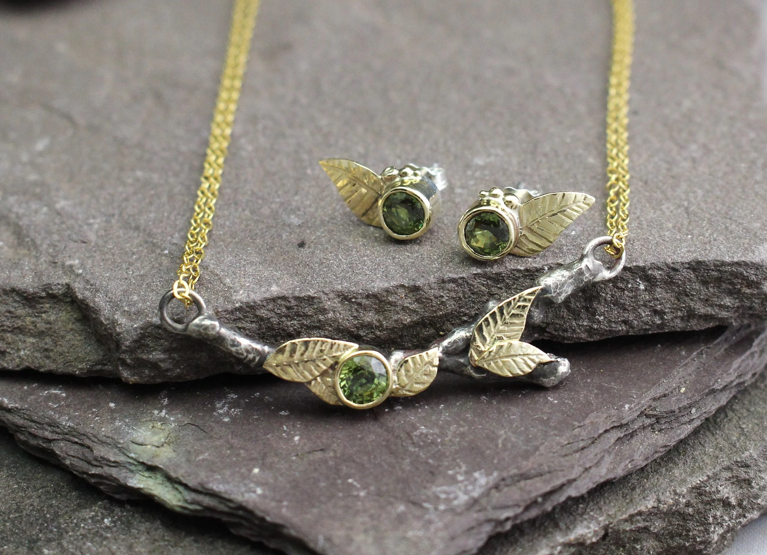 Demantoid Garnet 14k Gold and Sterling Earring and Necklace Set