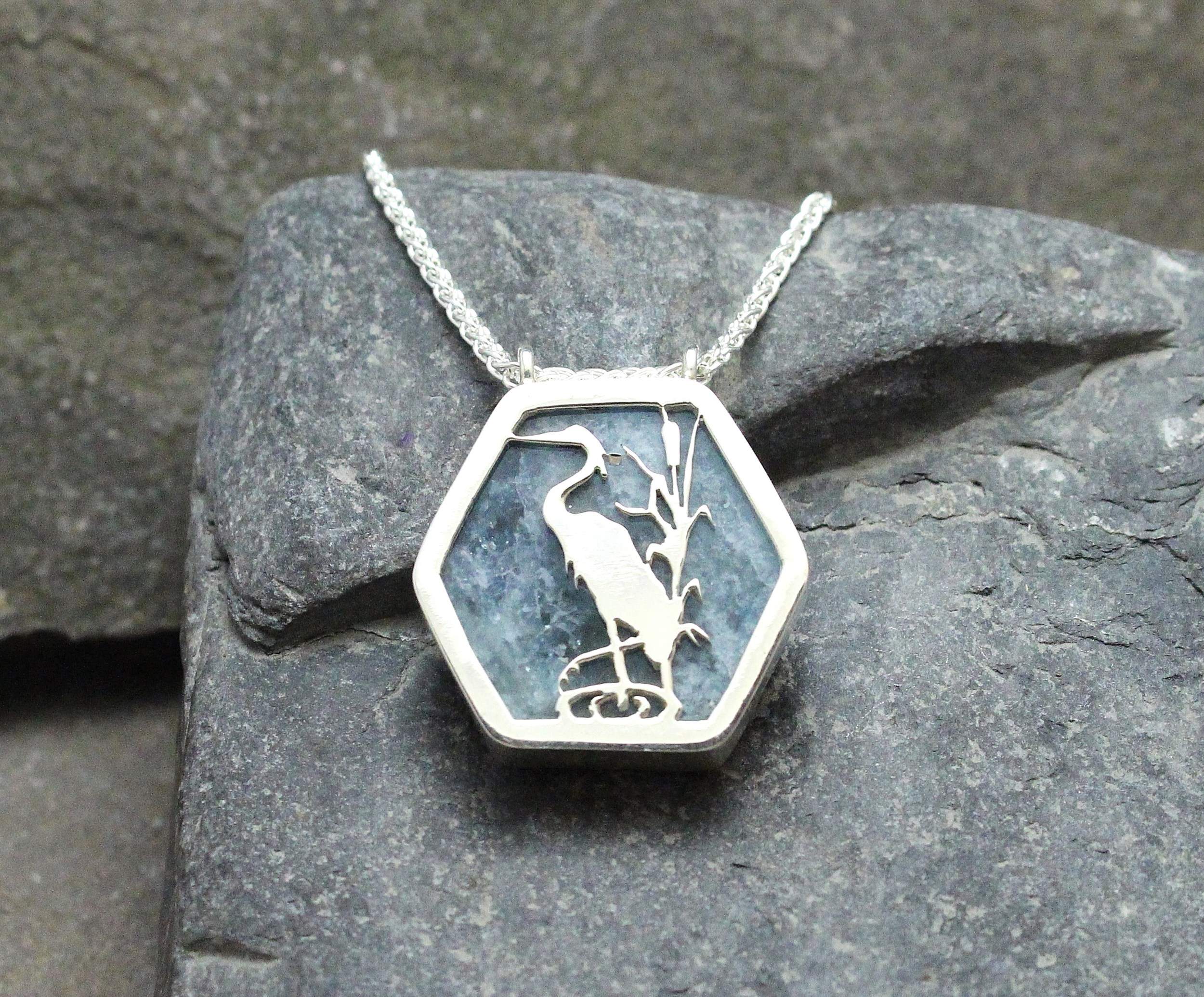 Blue Heron Sterling Cut-Out on Aquamarine Slice 