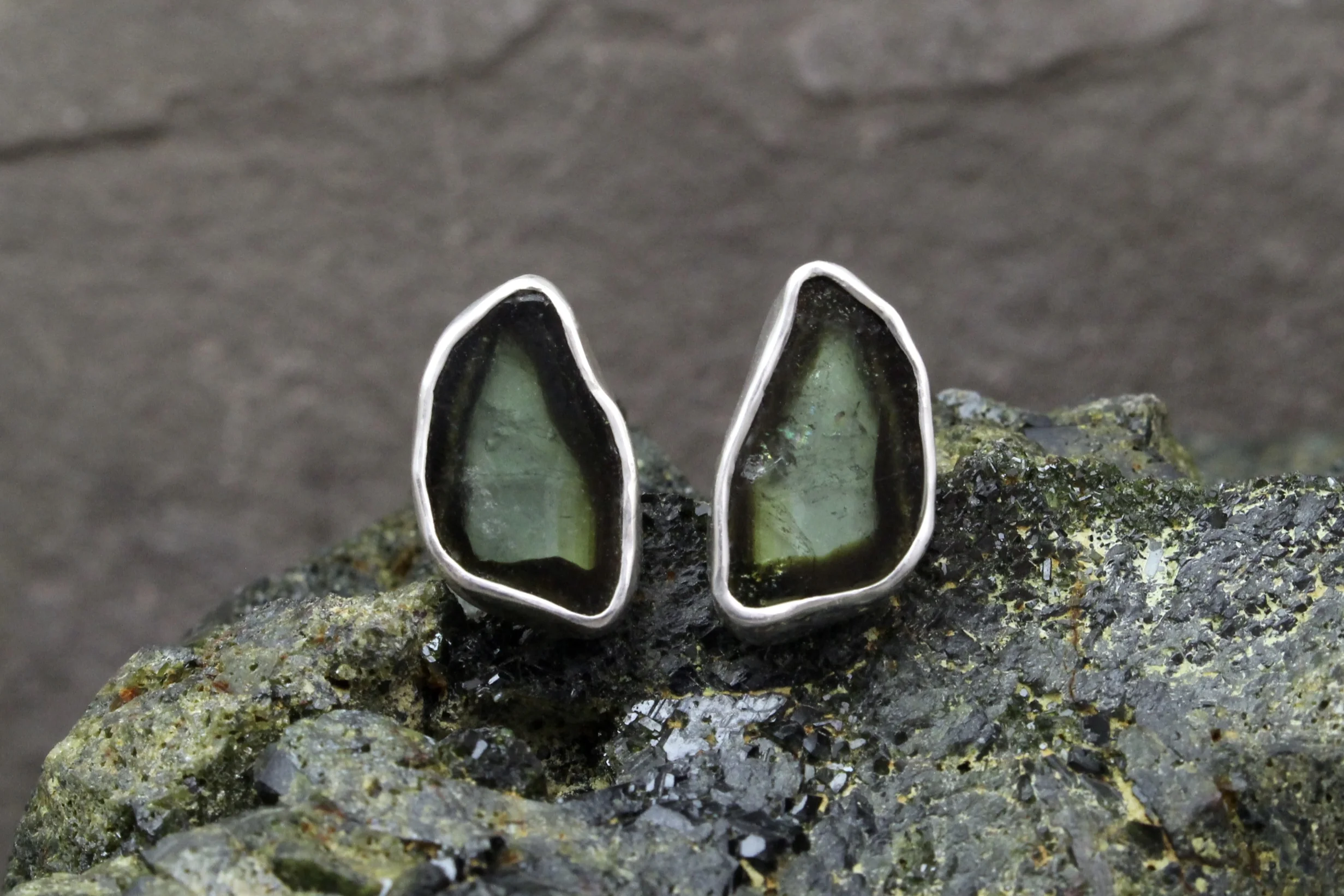 Green Tourmaline Slice & Sterling Silver Stud Earrings