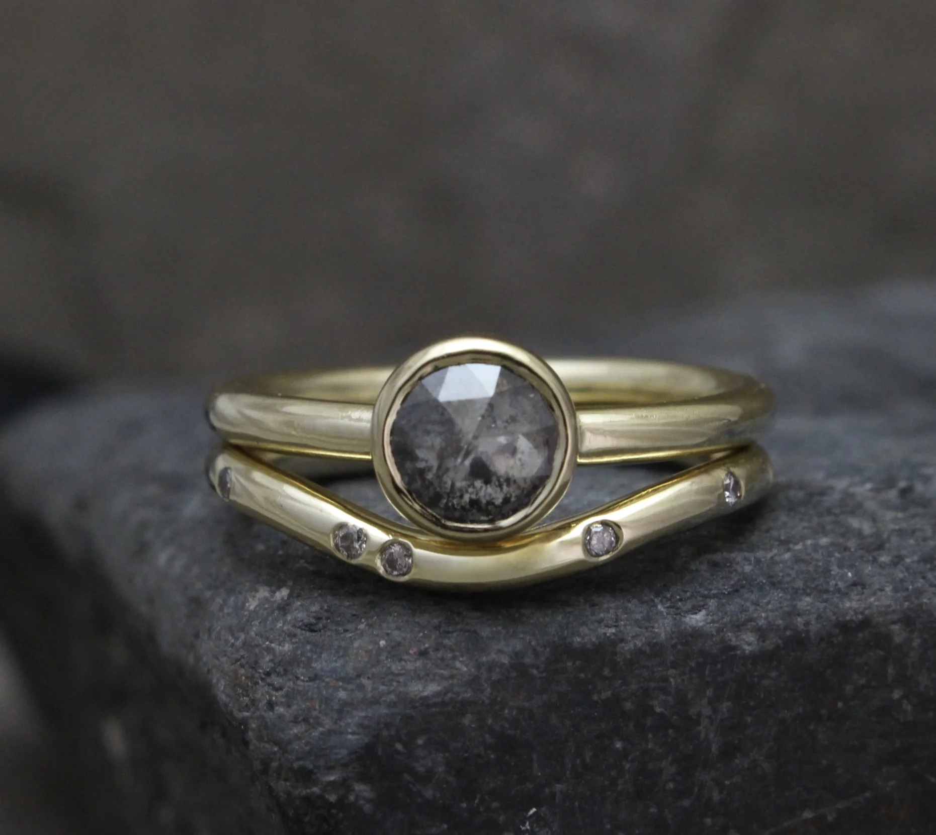 Rose Cut and Flush Set Diamonds in 14 karat Yellow Gold Stacking Set