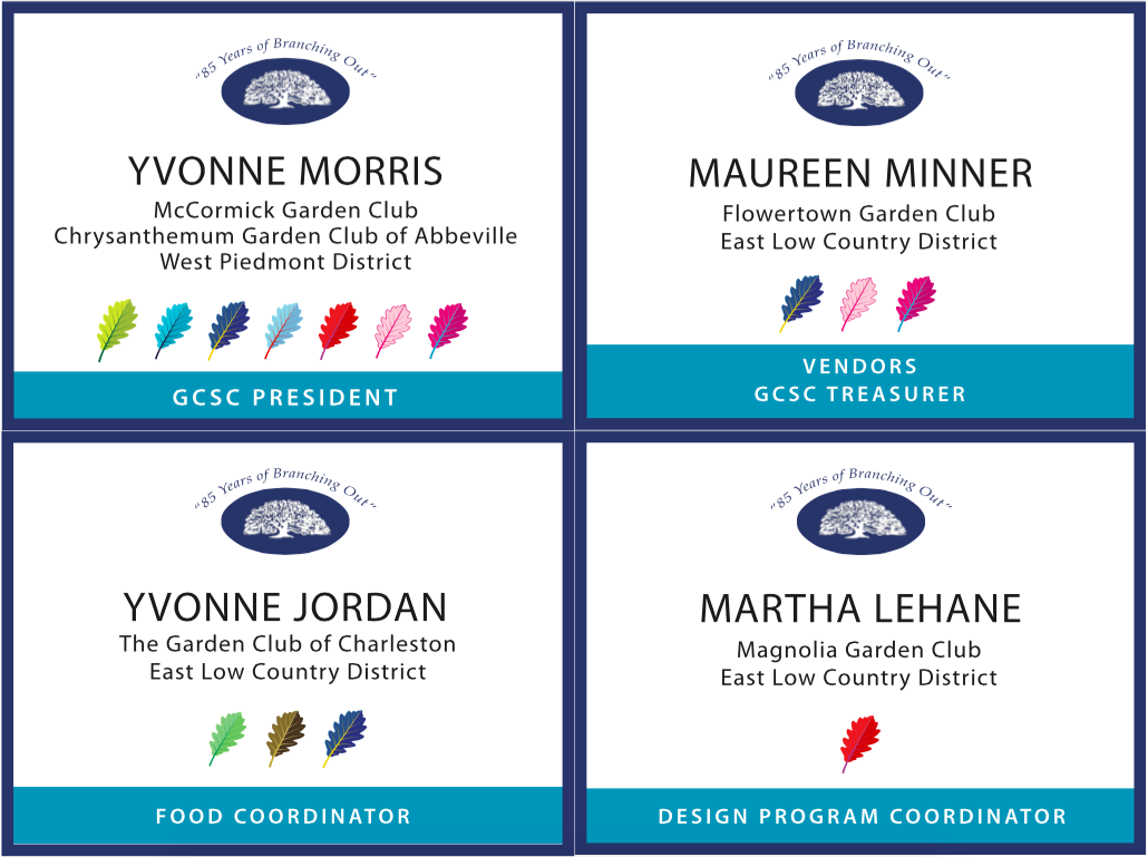Name tags for national garden club conference, including creating complex designation system to indicate name, garden club membership, home district and title within organization.