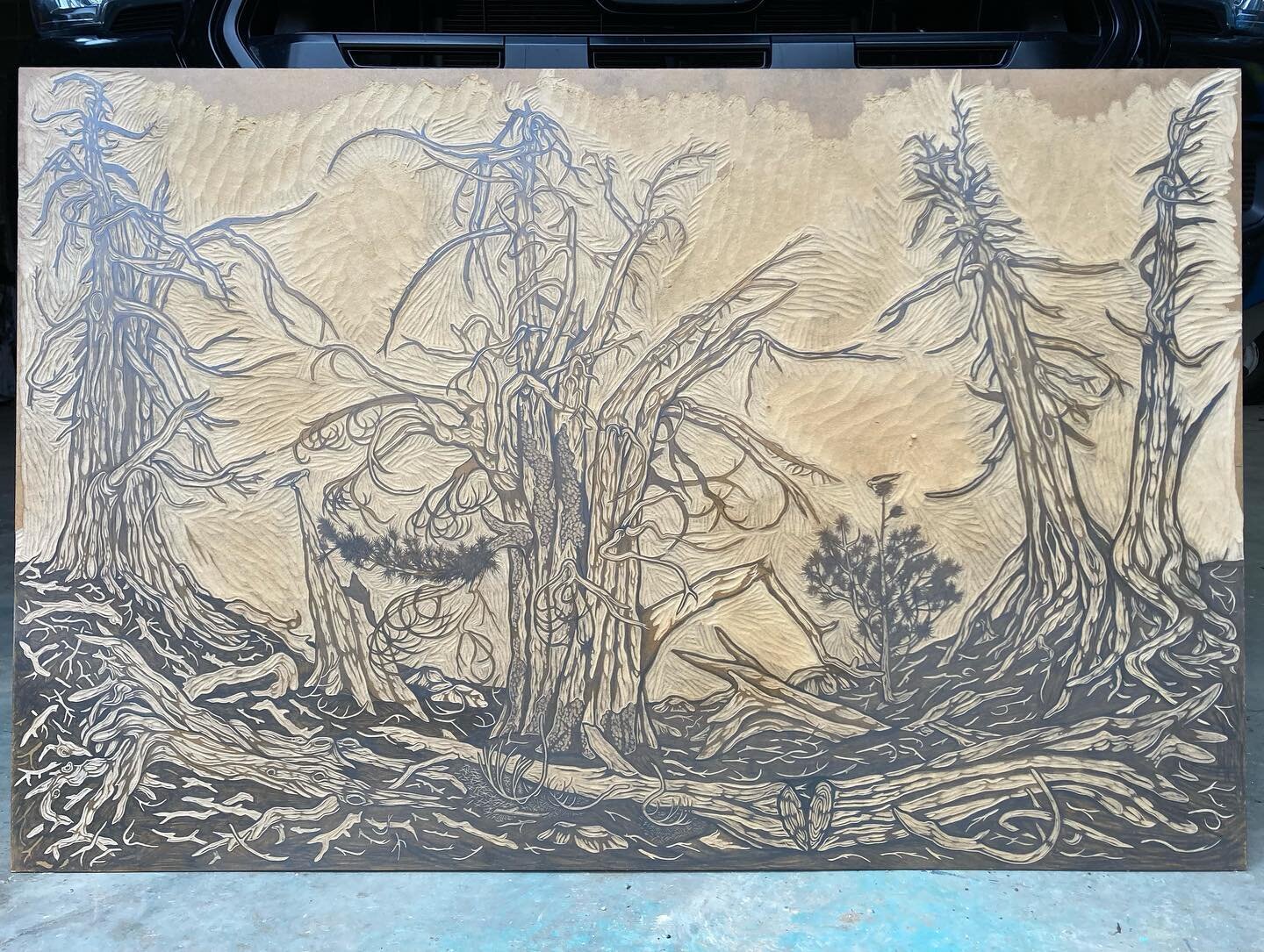 Finished a new whitebark pine block for an upcoming steam roller event in Jackson Hole.  A dying keystone in the Rockies on the edge.  B&amp;W &amp; color to come&hellip;&rdquo;31x49&rdquo;

#printmaking #woodcut #whitebarkpine