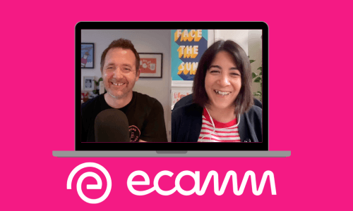 Laptop showing podcast video call between Steve and Emilie with the Ecamm logo who sponsor this episode