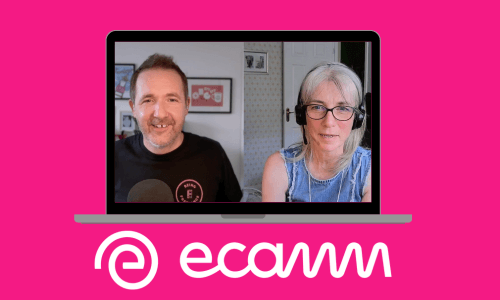 Steve and Lisa on a laptop recording the podcast alongside the Ecamm logo who sponsor the episode