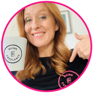 Heashot of Jessica grinning wearing a Being Freelance t-shirt and holding her Being Freelance Non Employee Of The Week mug