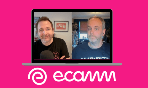 Adrian and Steve on a laptop screen recording the podcast - alongside the Ecamm logo