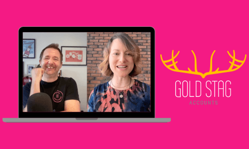 Steve and Helen on a laptop recording the Being Freelance podcast along with the Gold Stag Accounts logo