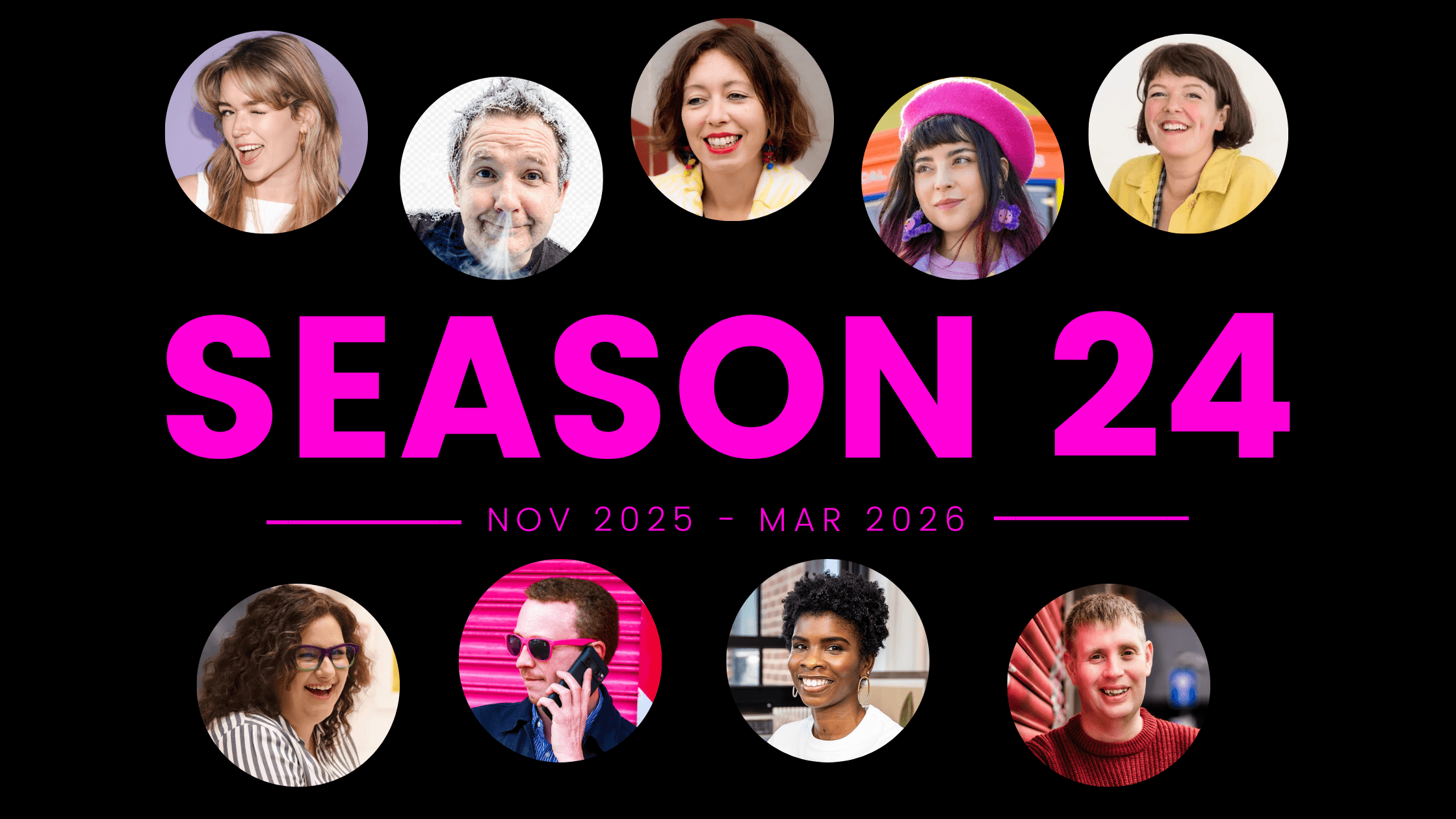 Text says SEASON 24 and it has 9 freelancer faces who have guested on the podcast during it