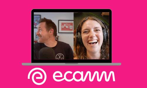 Zoe and Steve on a laptop screen recording the podcast - alongside the Ecamm logo