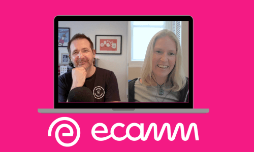 Laptop showing podcast video call between Steve and Melissa with the Ecamm logo who sponsor this episode