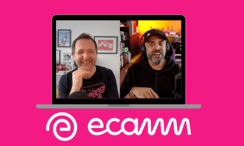 Steve and Doaly laughing on a video call for the podcast which is sponsored by Ecamm so there logo is here too