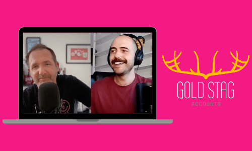 Andre and Steve on a video call on a laptop - next to the Gold Stag Accounts logo