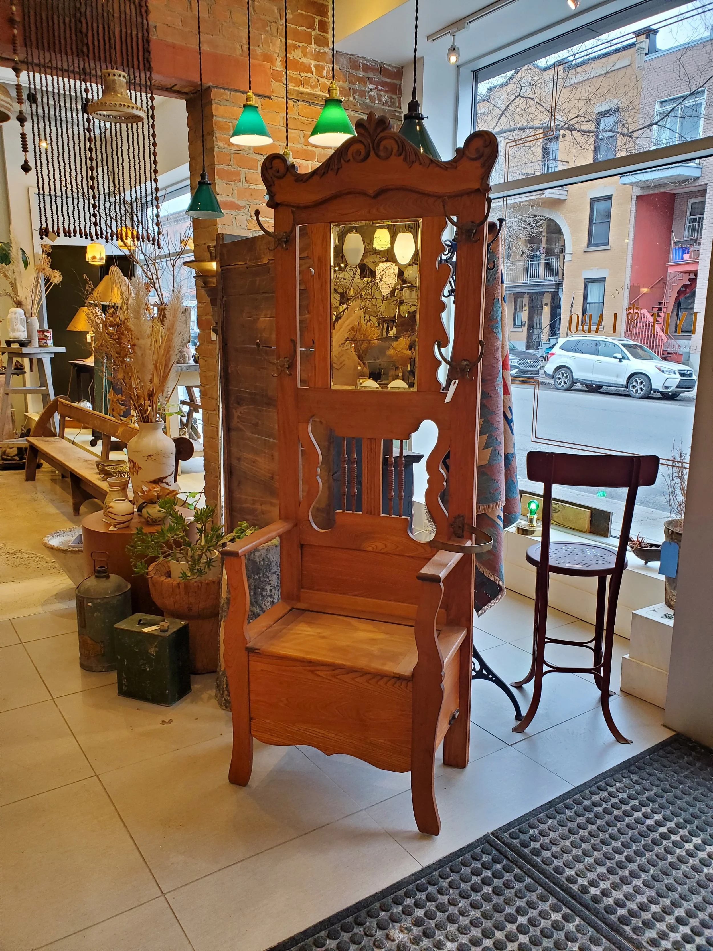 Porte vêtements  banc d'entrée en bois avec miroir antique M 1742
