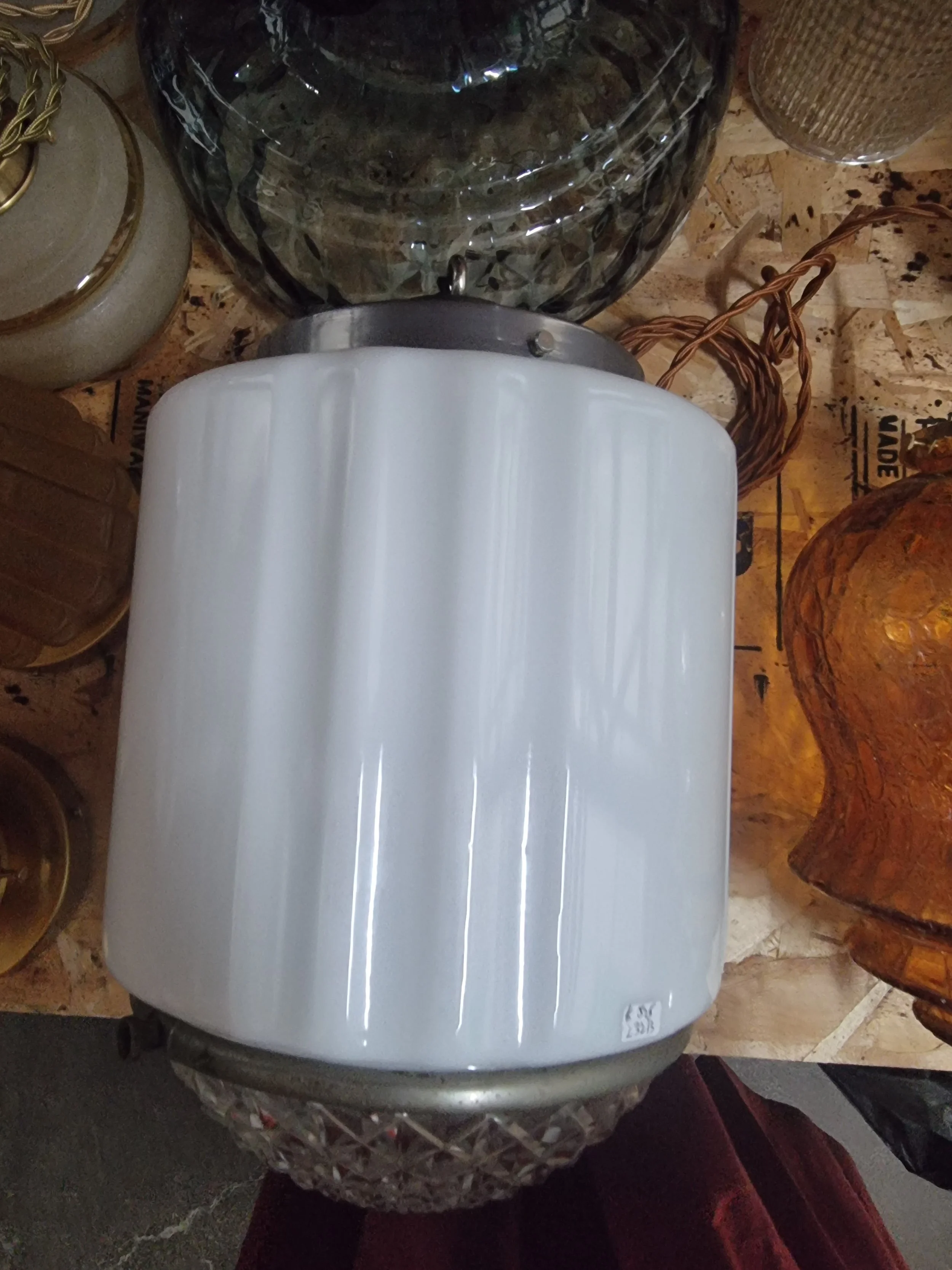 Suspension ou plafonnier verre opaline & clair art deco antique L 3213