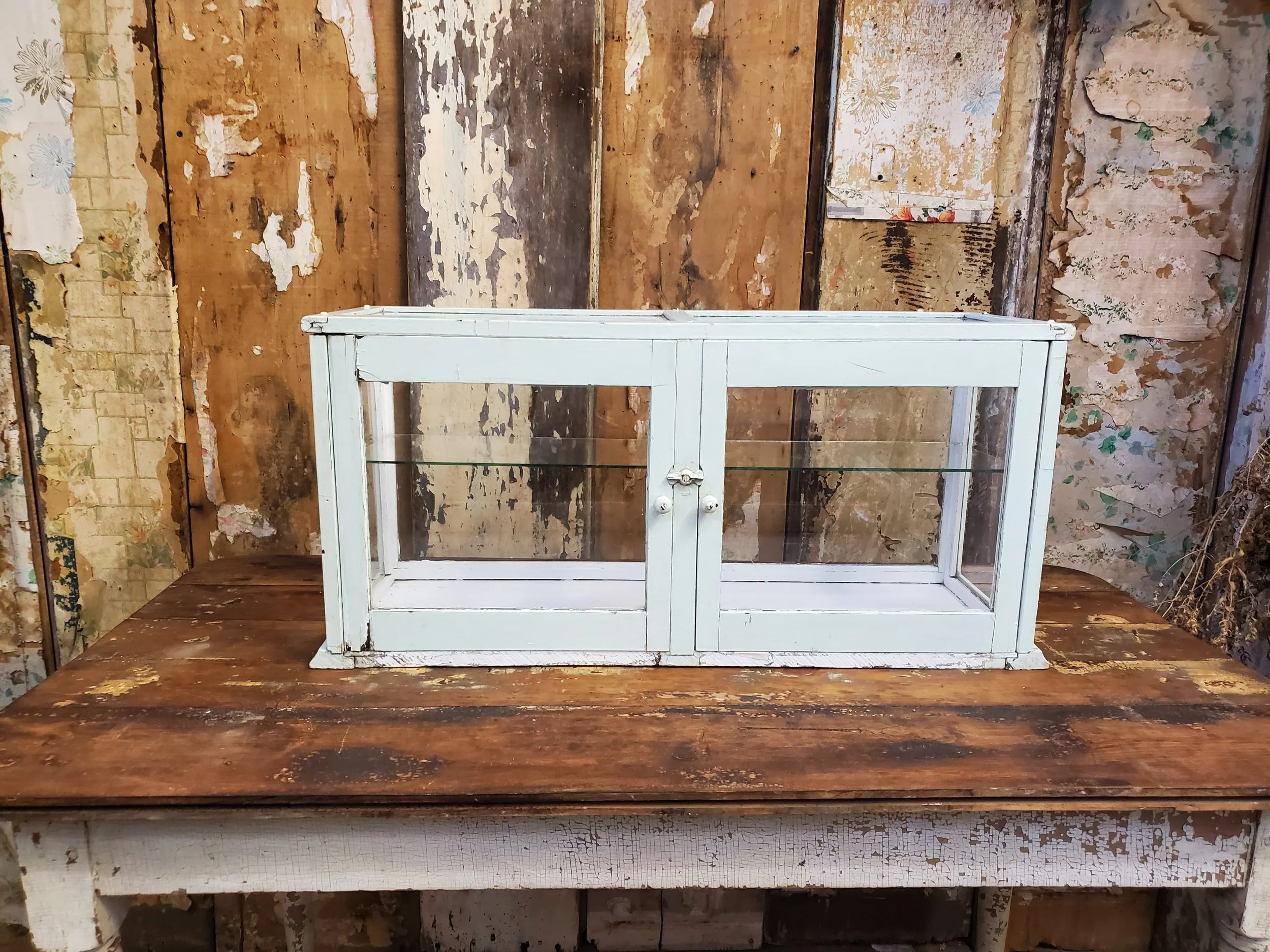 Curio vitrine de magasin général en bois & verre antique M 1772