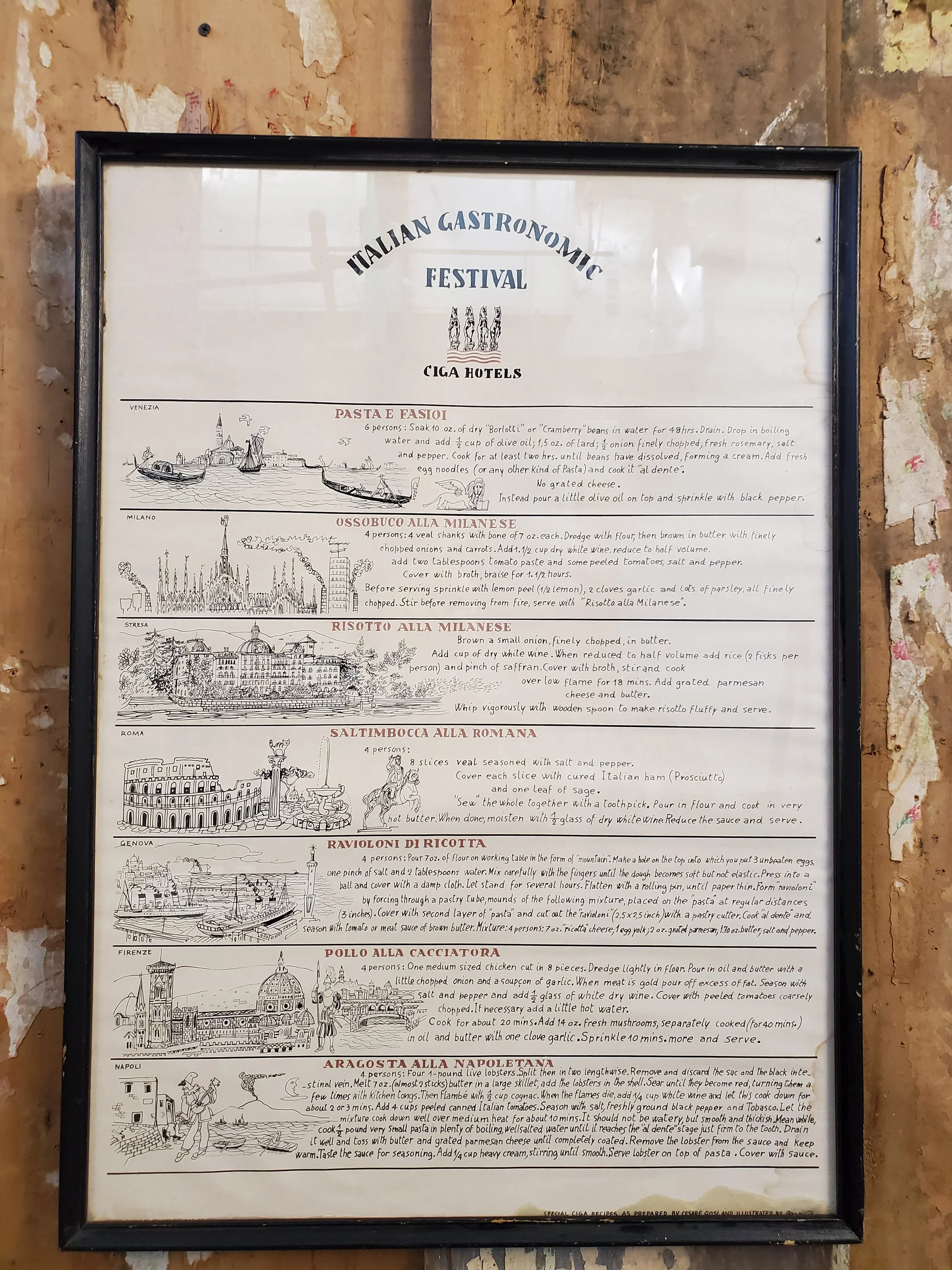 Cadre mural recettes de cuisine italienne CIGA Hotels vintage AC 6357