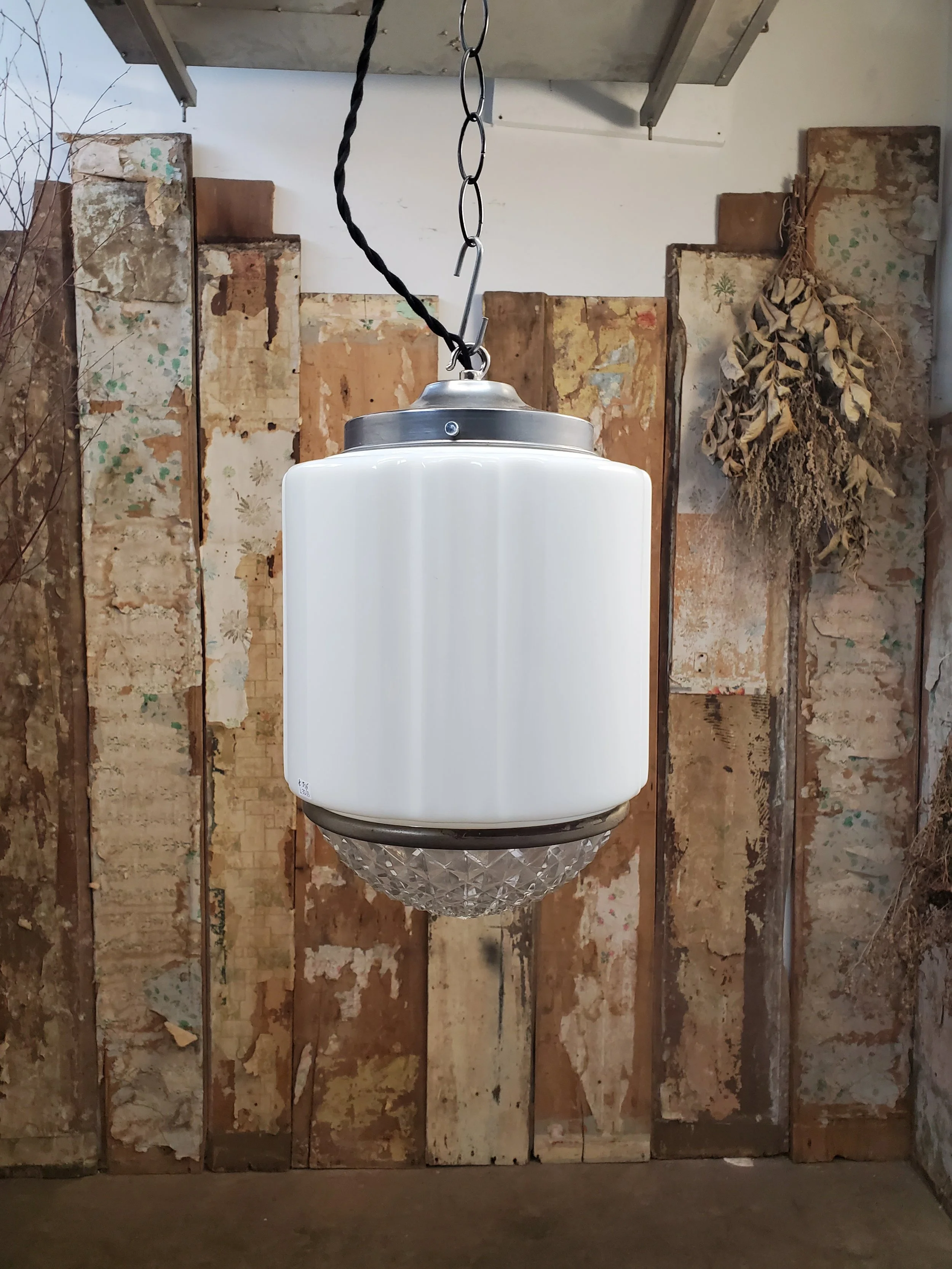 Suspension ou plafonnier verre opaline & clair art deco antique L 3213