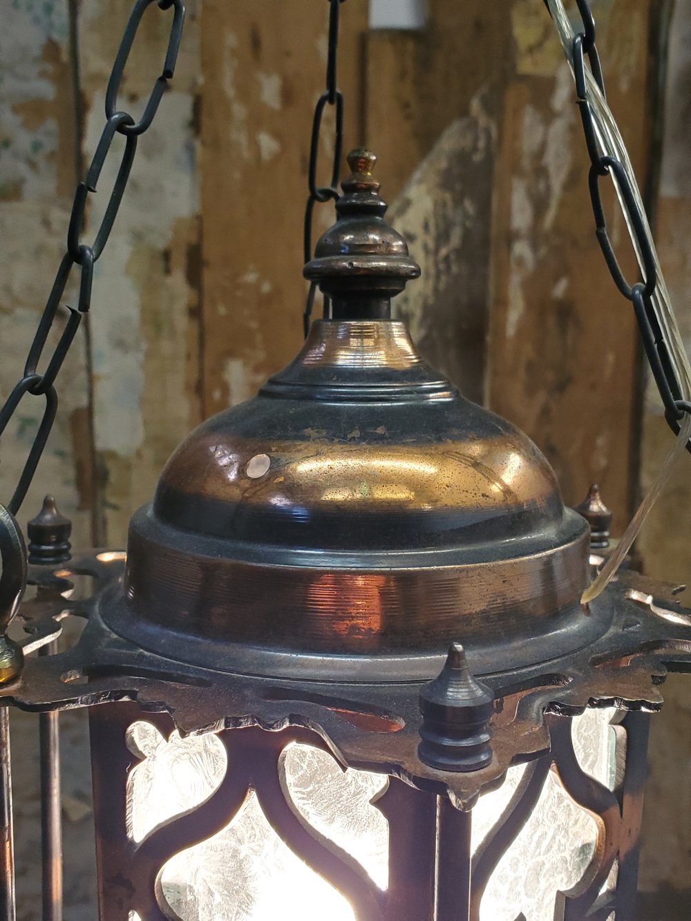Lampe Suspension Vintage Art Déco - Lanterne En Tôle Émaillée Avec 5 Verres Gravés