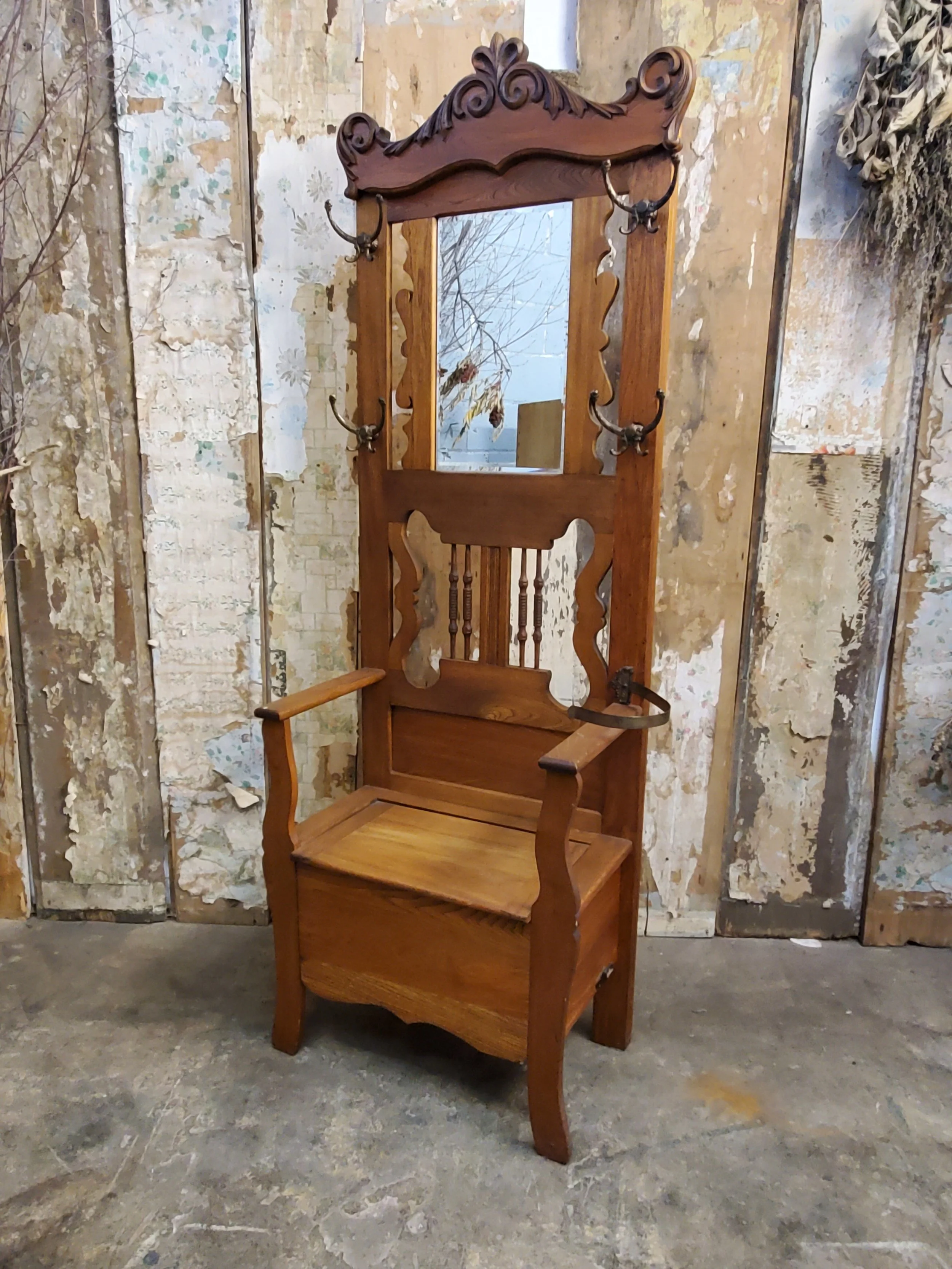 Porte vêtements  banc d'entrée en bois avec miroir antique M 1742