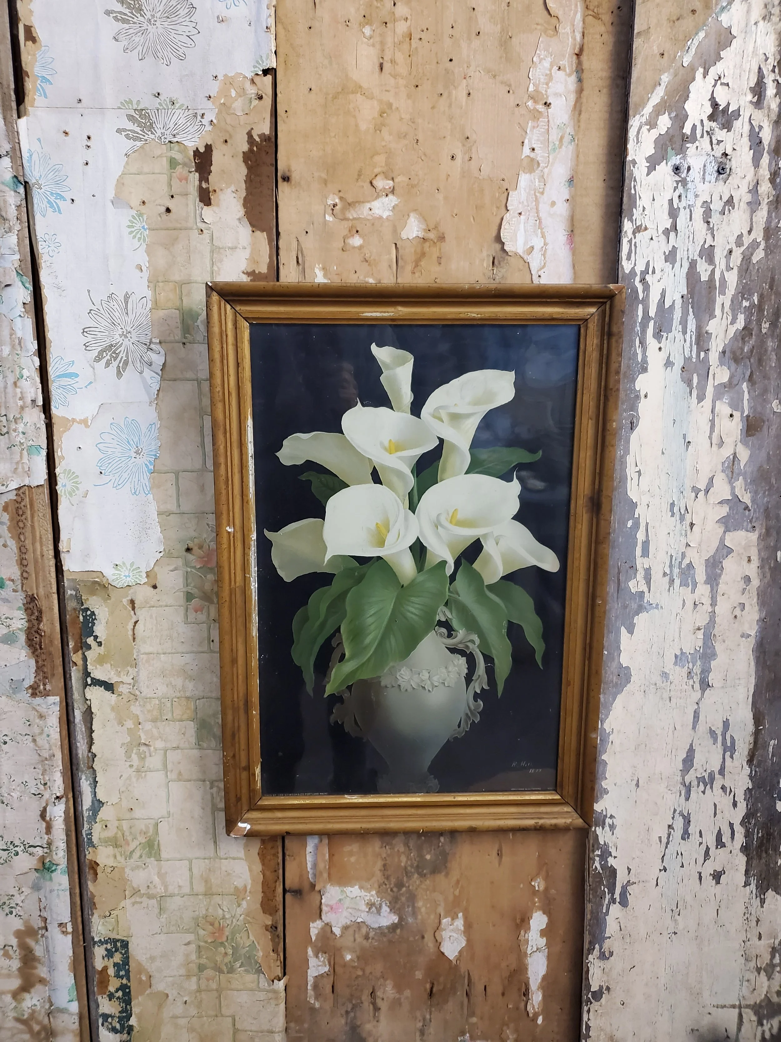 Cadre mural en bois lithographie florale R.HILL antique AC 6223