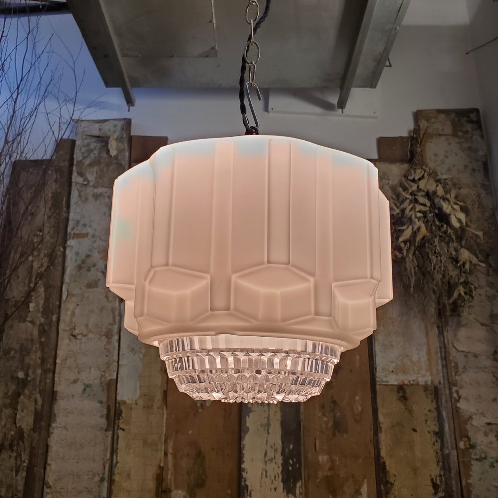 Suspension Art Déco Ancienne En Opaline - Révisée Et Re-câblée - Prête à Installer - Style Antique