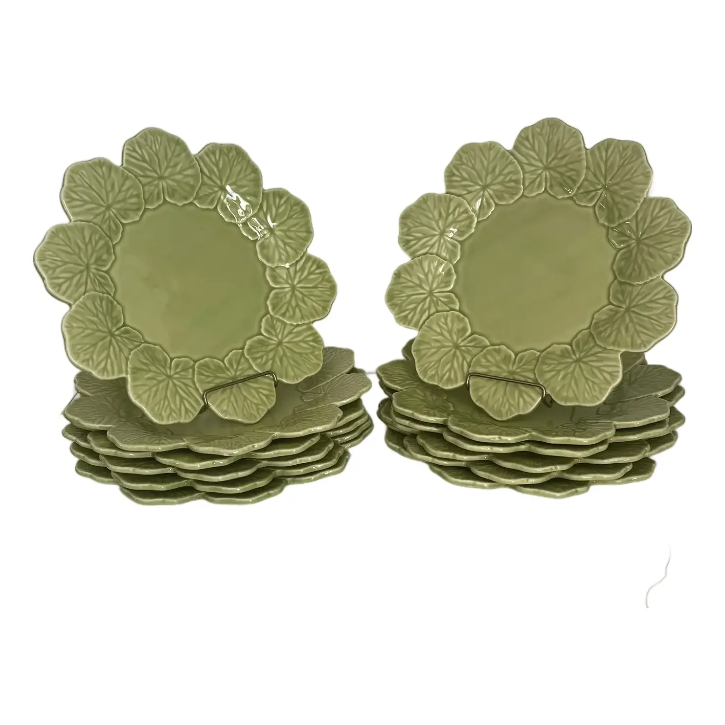 Bordallo Pinheiro Avocado Green Portuguese Majolica Dessert Plates- Set of 12