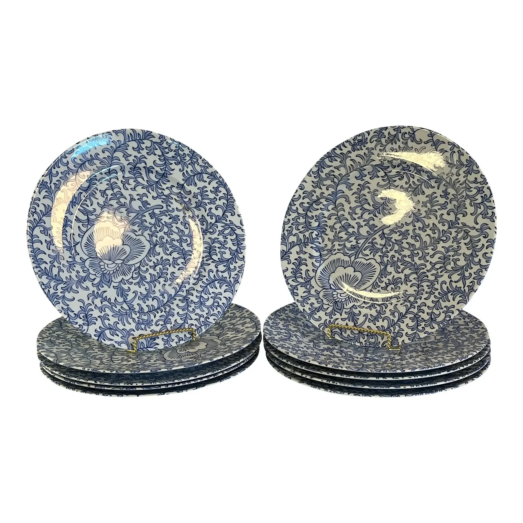 10 Manual Canovas Blue and White Pivoines De Chine Large Limoges Dinner Plates