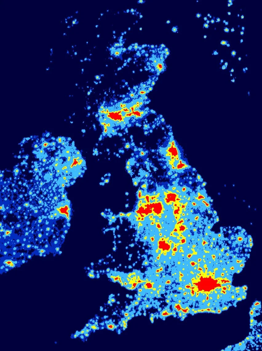 This map of the UK dramatically illustrates the "dark skies" of Scotland, found especially in the SW of the country and in the Highlands and Islands. Photo credit www.cpre.org.uk