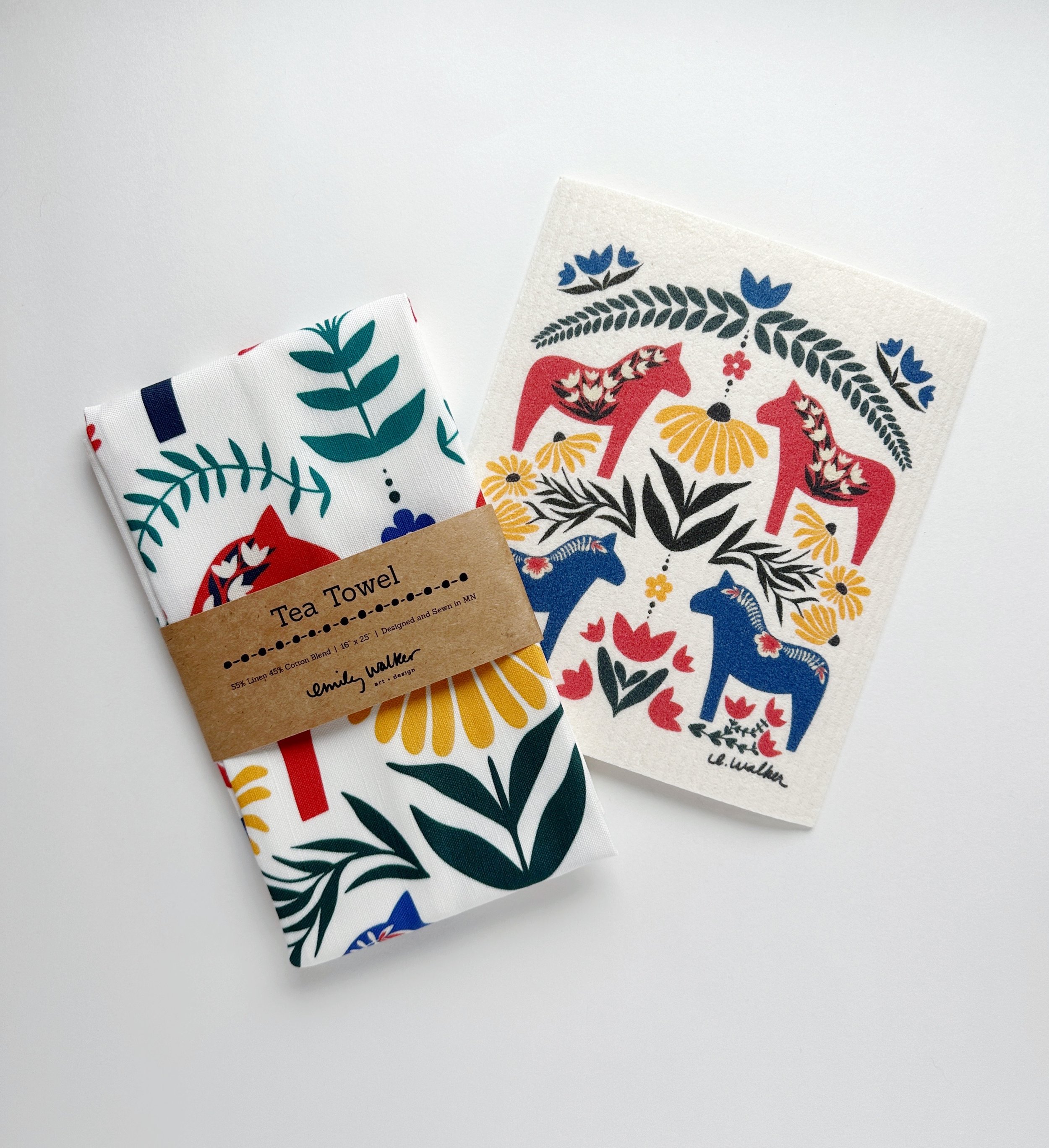 Dala Horse Tea Towel and Swedish Dishcloth gift set