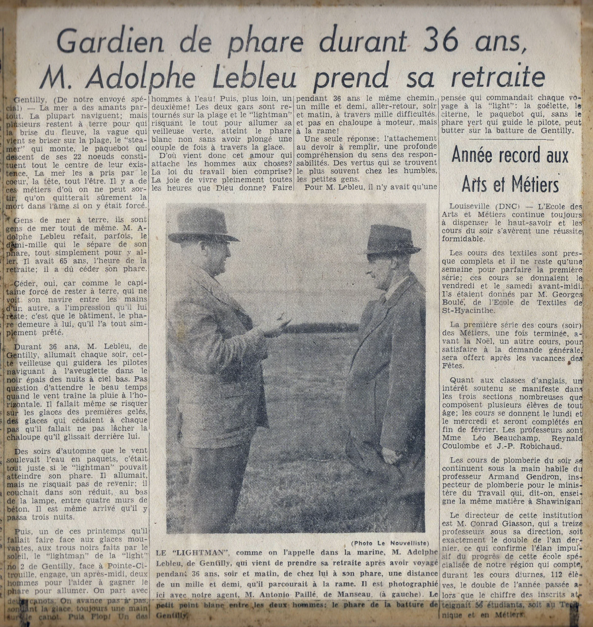 La véritable histoire d'Adolphe Lebleu. Article du journal Le Nouvelliste (Trois-Rivières, date indéterminée)