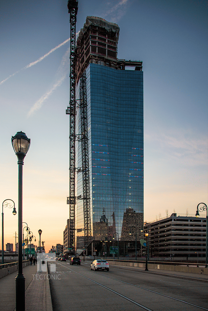 Viewed along Walnut Street from the east at dusk