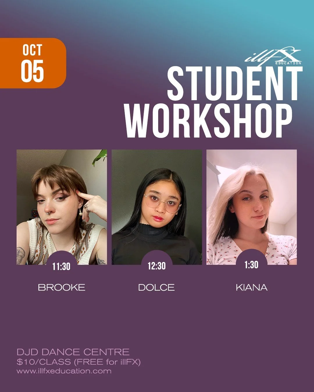 STUDENT WORKSHOP :: SUNDAY

Join us for our first Student Workshop of the season!

Sunday, October 5
DJD Dance Centre
FREE for illFX
$10/class for guests

11:30 :: Brooke
12:30 :: Dolce
  1:30 :: Kiana

Pre-registration required, see the link in our 