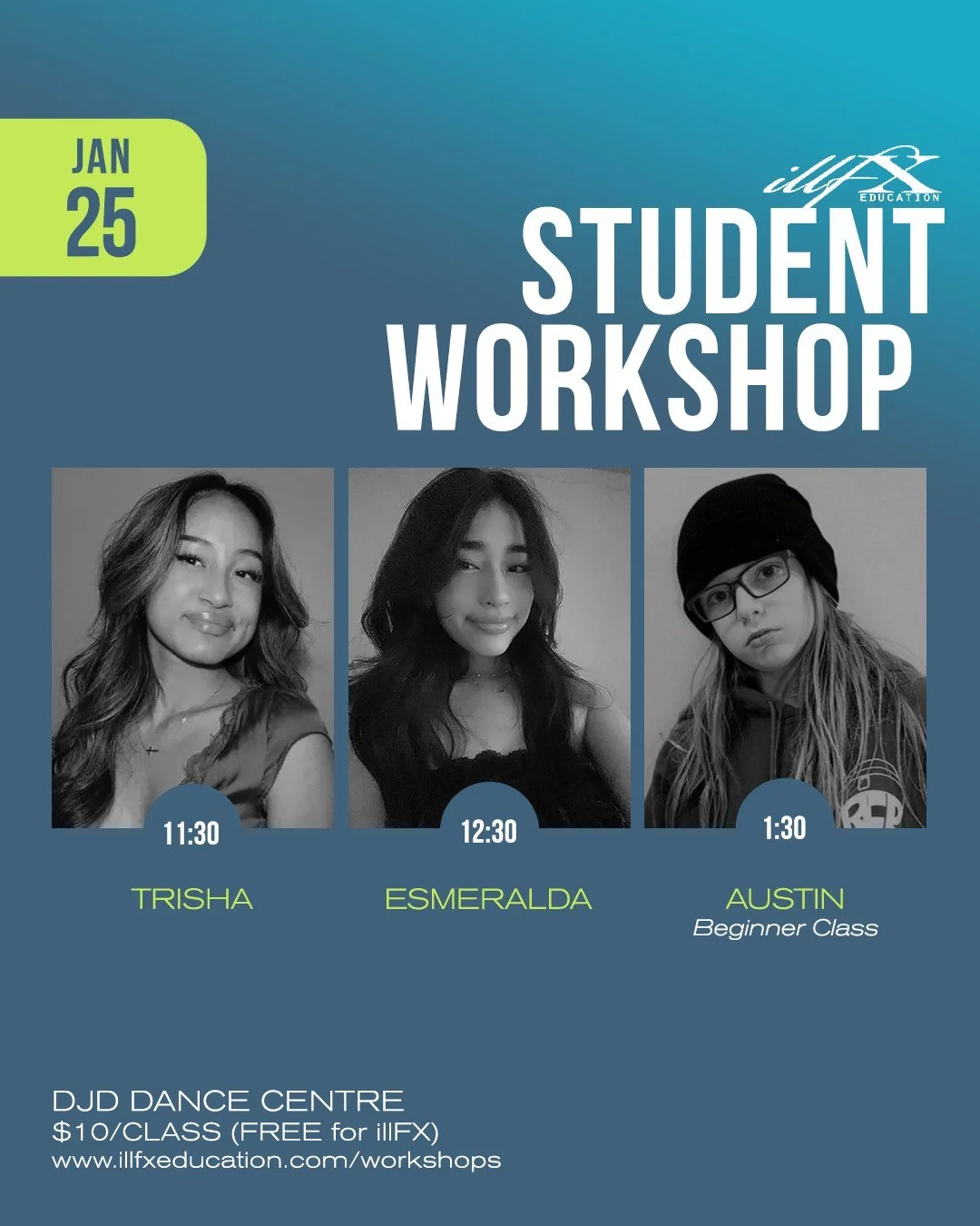 Join us next Sunday for our first Student Workshop of 2026!

Sunday, January 25
DJD Dance Centre
FREE for illFX
$10/class for guests

We are excited to be offering a class tailored to younger dancers this time! Austin will be teaching his first class