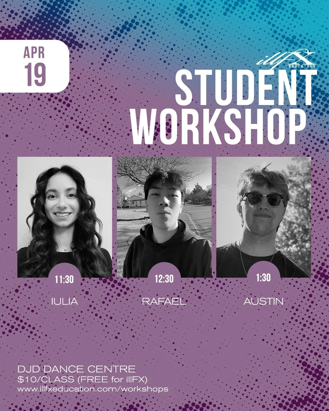Join us next Sunday  for our final Student Workshop of the season!

Sunday, April 19
DJD Dance Centre
FREE for illFX
$10/class for guests

11:30 :: Iulia
12:30 :: Rafael
1:30 :: Austin 

Pre-registration required, see the link in our bio! 

#dancewor