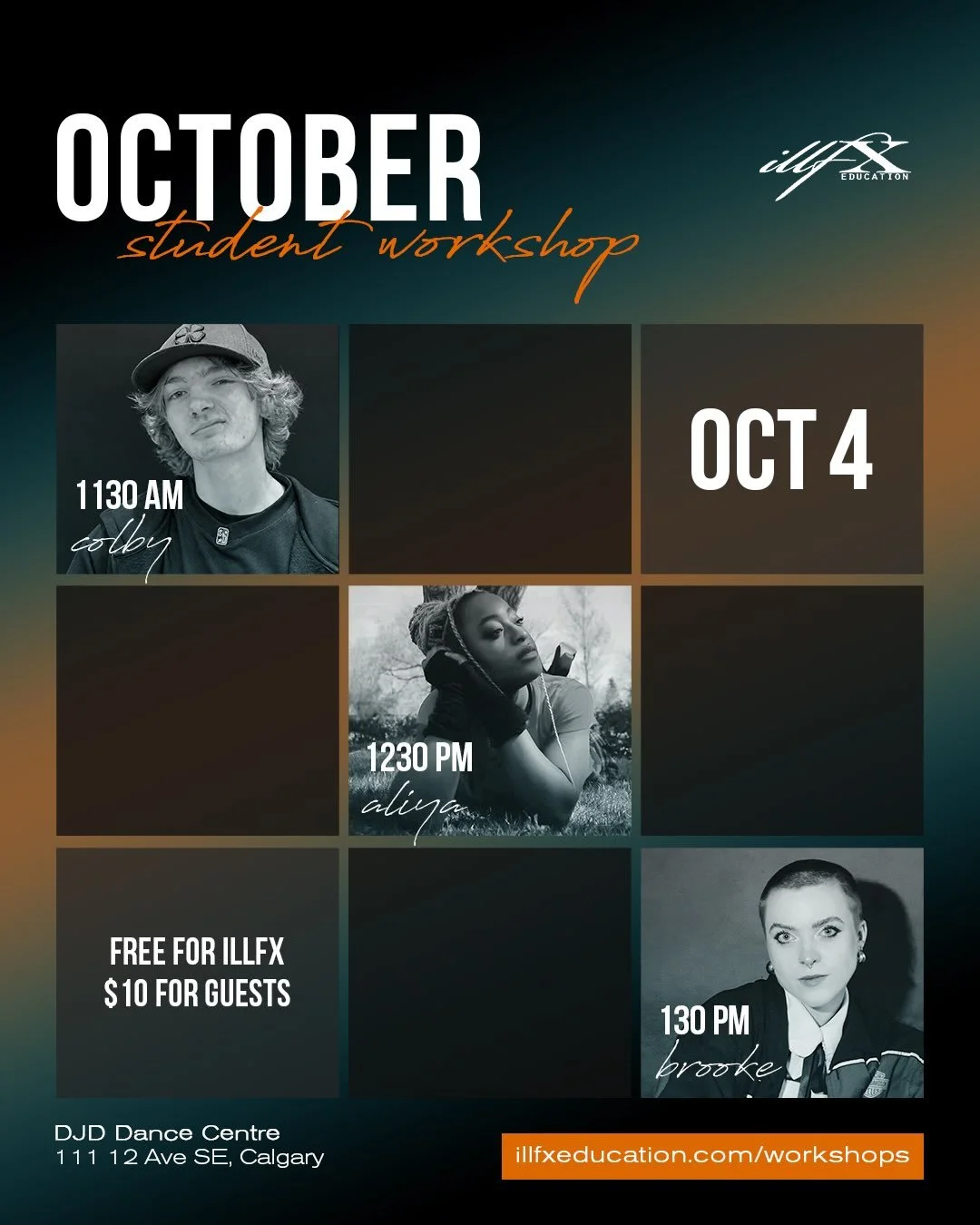 Join us next Sunday for our first Student Workshop of the season!

Sunday, October 4
DJD Dance Centre
FREE for illFX
$10/class for guests

11:30 :: Colby
12:30 :: Aliya
  1:30 :: Brooke

Pre-registration required, click the &ldquo;learn more&rdquo; l