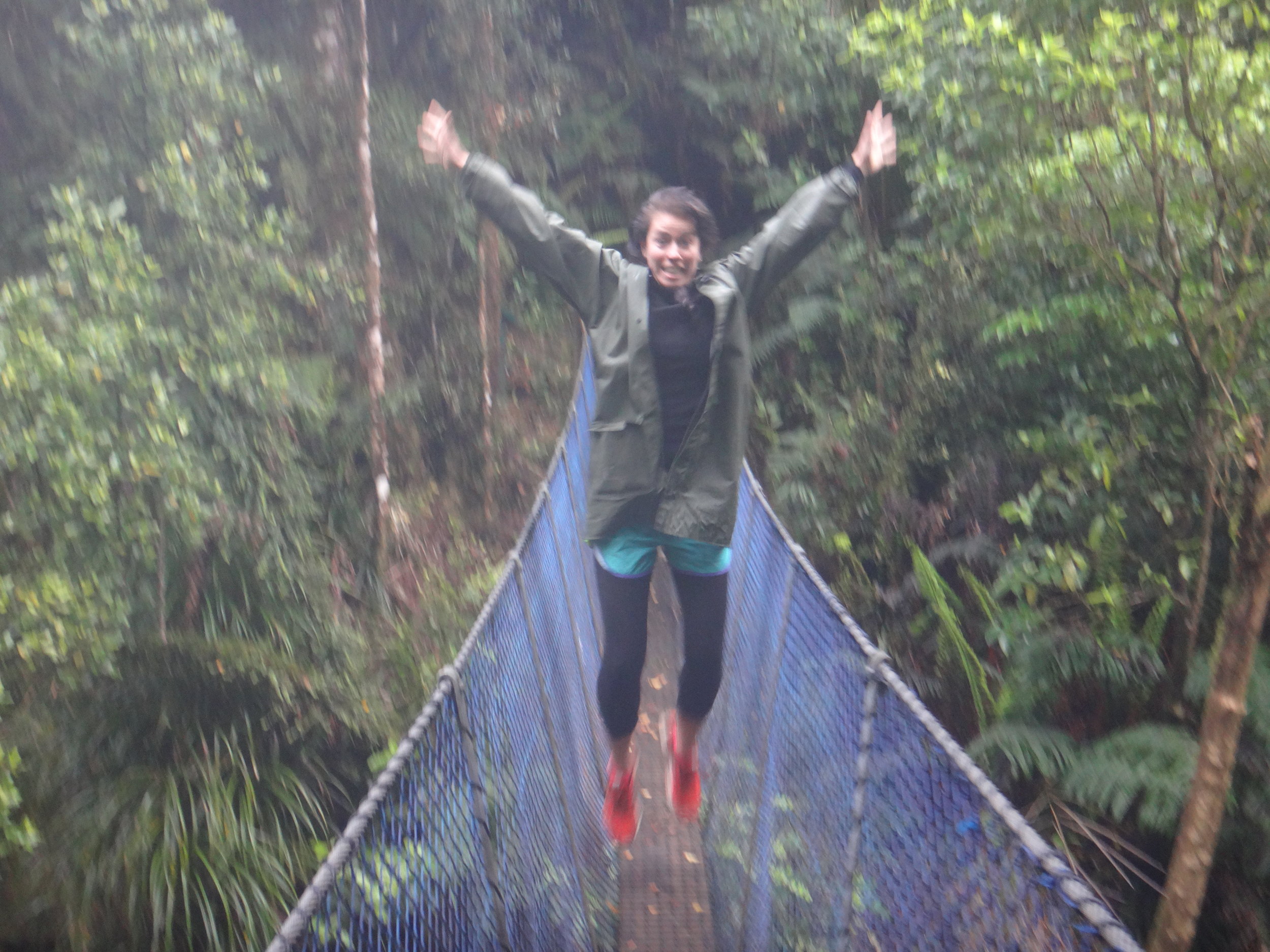 We love swing bridges. Nat jumping for joy!