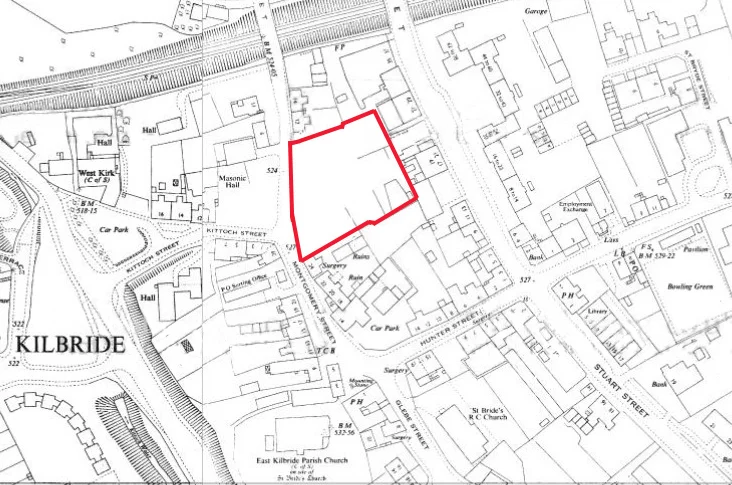 Kittoch Street, The Village, East Kilbride Area outlined in red indicates location of allotments (click to view larger)