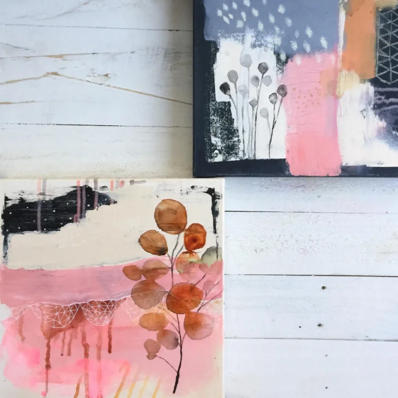 Translating the wet-in-wet ink technique to a canvas, this time using soft botanical forms.