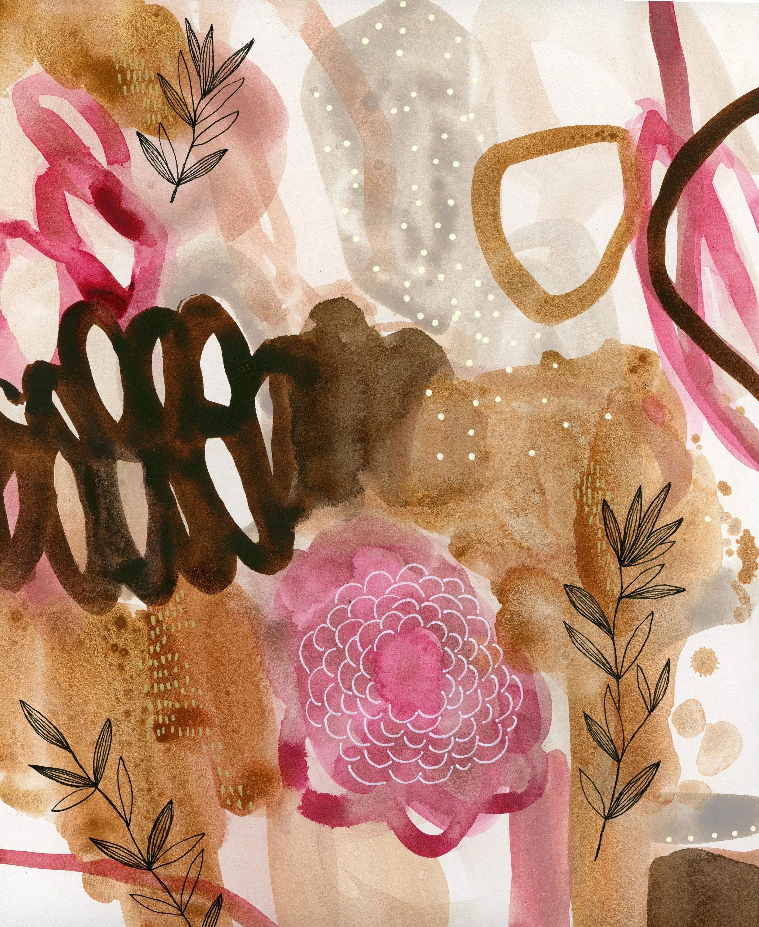 Petals and Fronds-original watercolour and mixed media painting by Laura Horn.