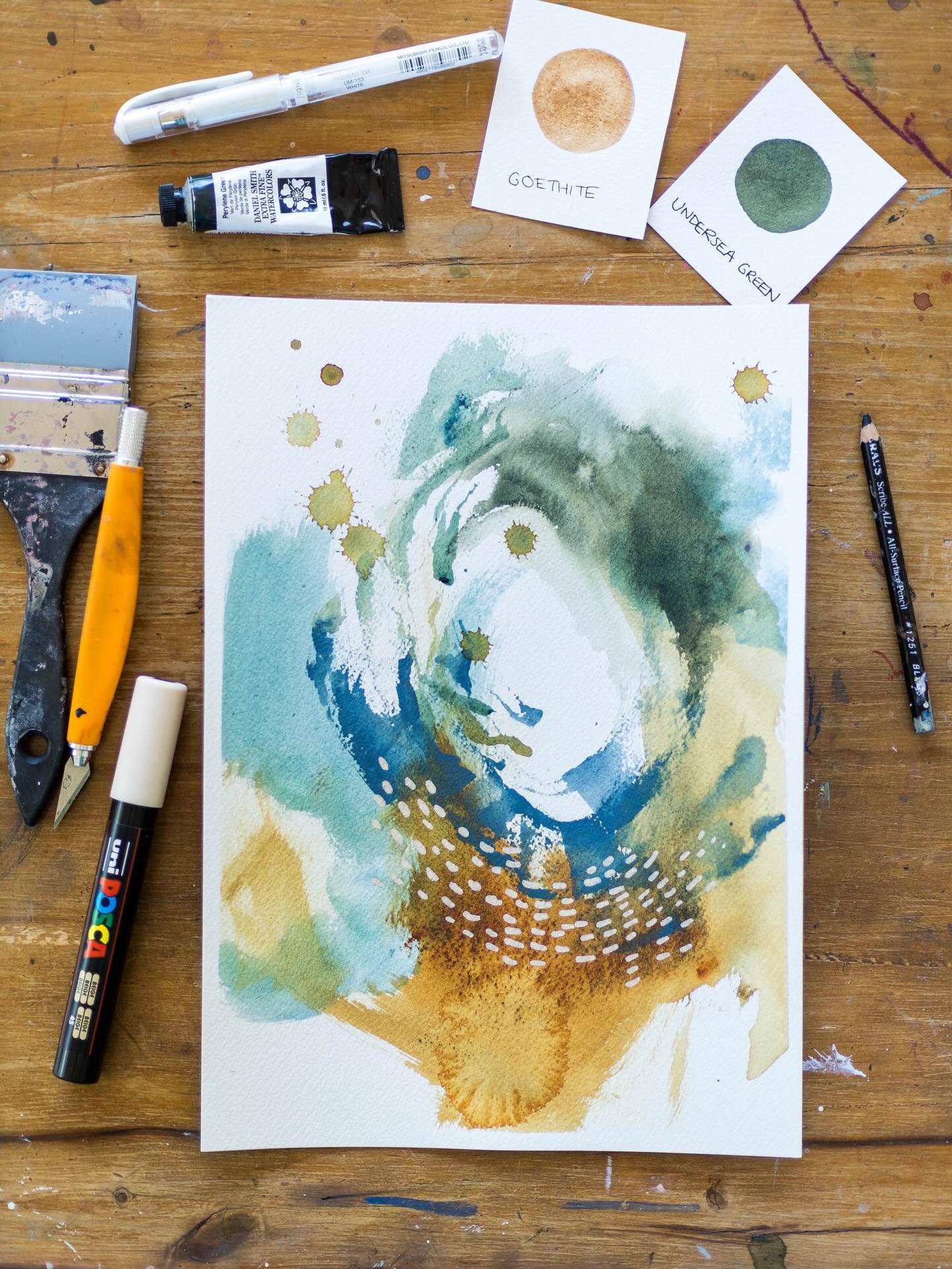 On my painting table. Added some simple mark making to these. Sometimes less is more 💙 
⠀⠀⠀⠀⠀⠀⠀⠀⠀
What are you working on at the moment? I&rsquo;m splitting my time between sketchbook pages and pieces like this, while also getting ready to launch my