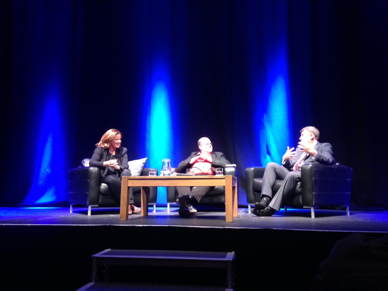 Susie Steiner (left) being interviewed by mark lawson (centre) with Det Sgt Graham Macmillan (right)