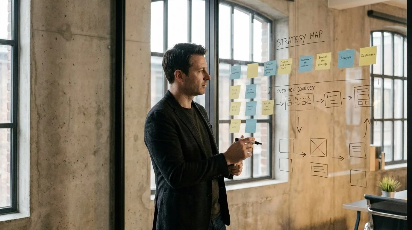 Koda strategist mapping a customer journey and strategy on a studio wall, AI advisory, UX and brand strategy