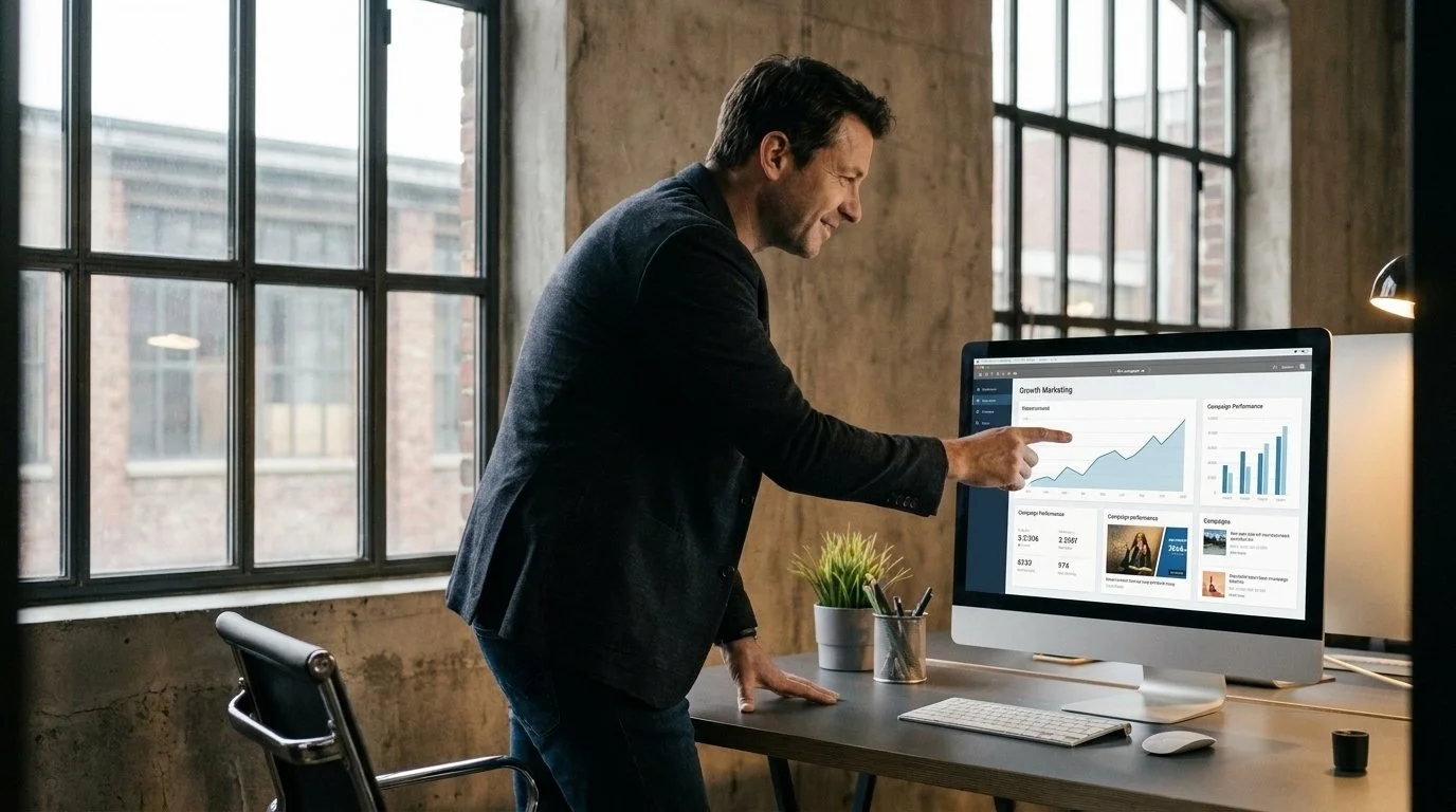 Koda marketer reviewing a campaign and analytics dashboard with rising results in the studio, SEO, paid media, conversion