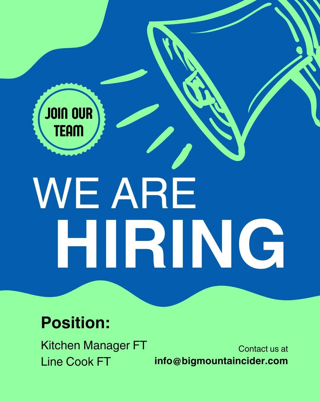 Big Mountain Ciderworks is seeking a full-time Kitchen Manager with 1+ years experience who will take a hands-on role in both leadership and daily kitchen operations. 

We are also looking for a full-time line cook for our "bar food" elevat