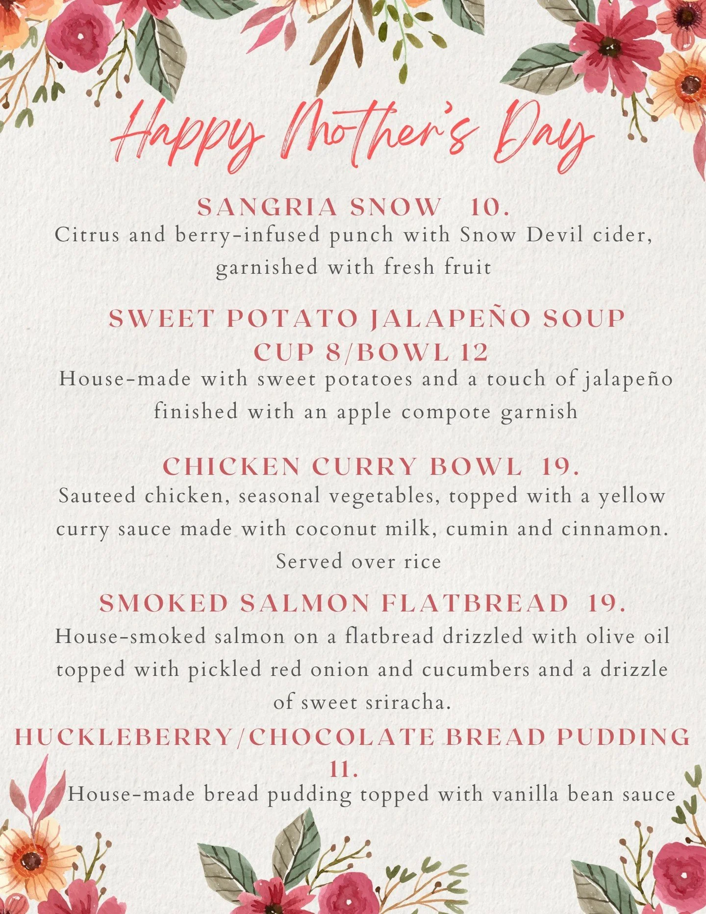 Mother's Day Specials at Big Mountain Ciderworks
1051 Old Reserve Drive, Kalispell. Also serving our regular menu, including bowls.
See you here!