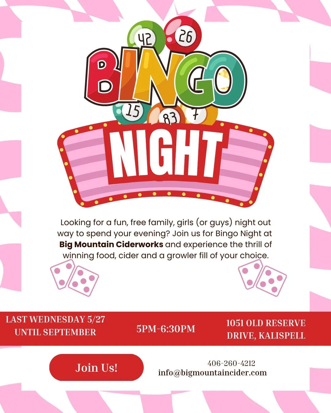 Bingo! Our last Wednesday night Bingo is 5/27 for the season. We will start up again in September. Join us for fun, free, all ages Bingo 5pm- 6:30pm. Win food and drinks!