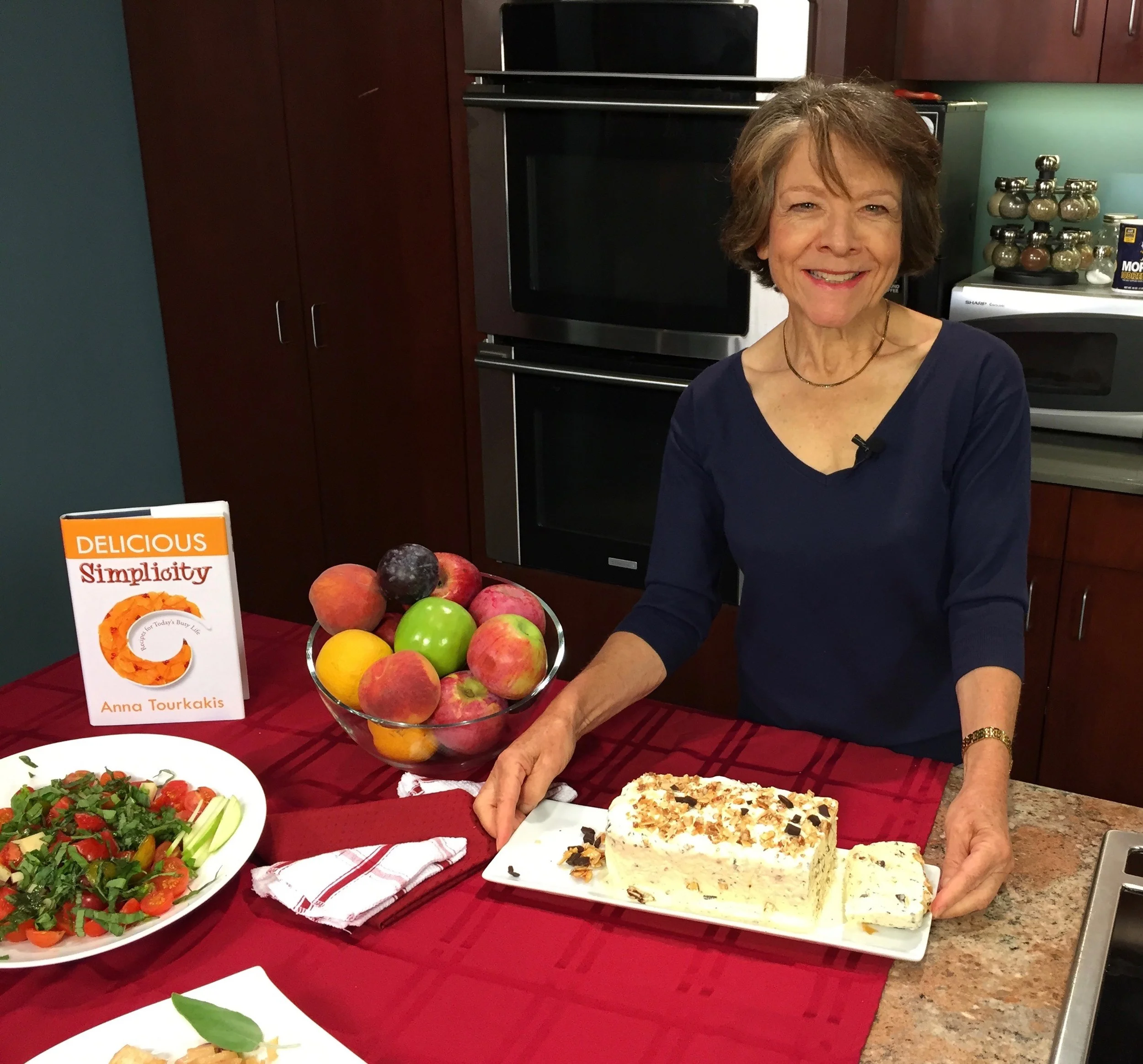 Tomato apple basil salad, Turkey Cutlets with prosciutto, French Praline Semifreddo - let the fun begin! 