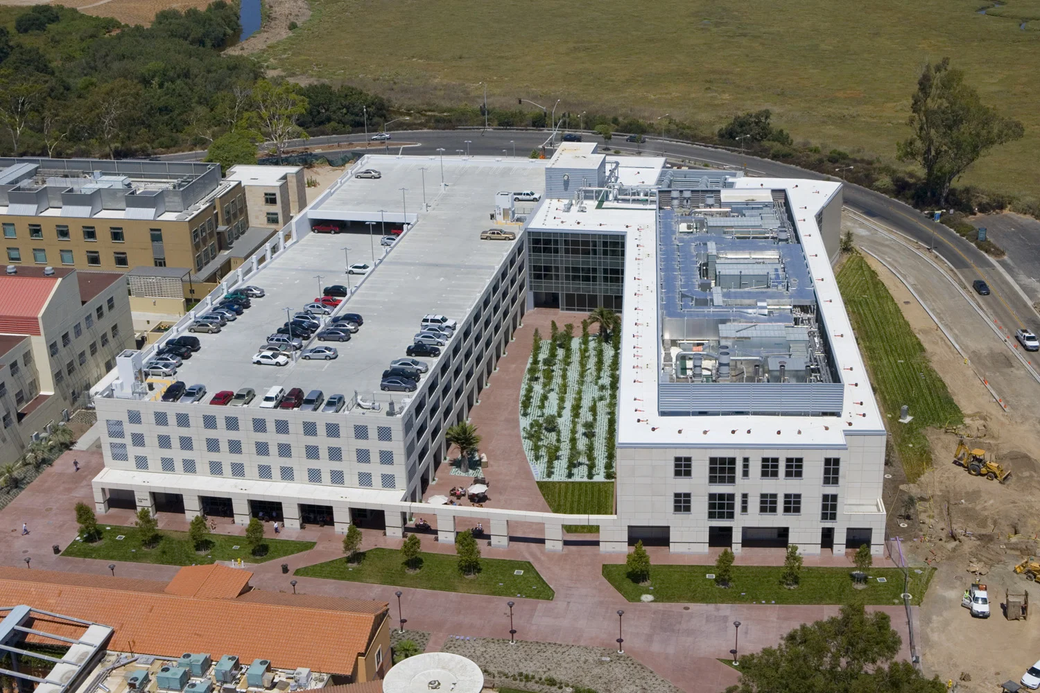 Aerial view of the building and the adjacent parking structure